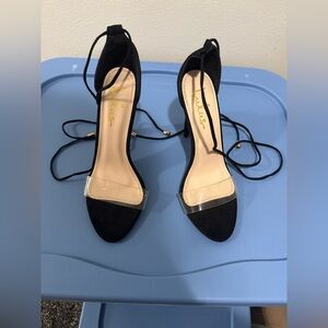 Lulu's Black Heels Transparent Strap at toe black leg strap fancy wedding